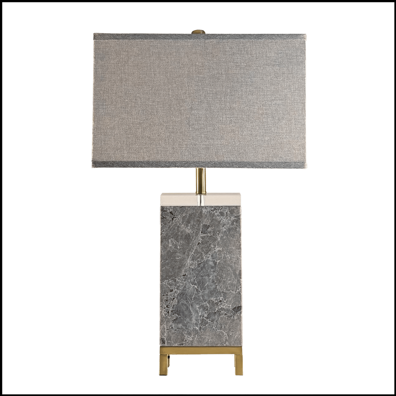 O Abajur Greymarble da Lampadaria combina design sofisticado e versatilidade para ambientes clássicos e contemporâneos. Com base retangular em mármore cinza maciço, detalhes em latão e acrílico, esta peça exala elegância e exclusividade. Sua cúpula retangular translúcida em tecido linho cinza distribui a luz de forma uniforme: direciona a iluminação para cima e para baixo, criando uma atmosfera aconchegante para leitura, enquanto difunde suavemente a luz lateral, contribuindo para a iluminação geral do ambiente.