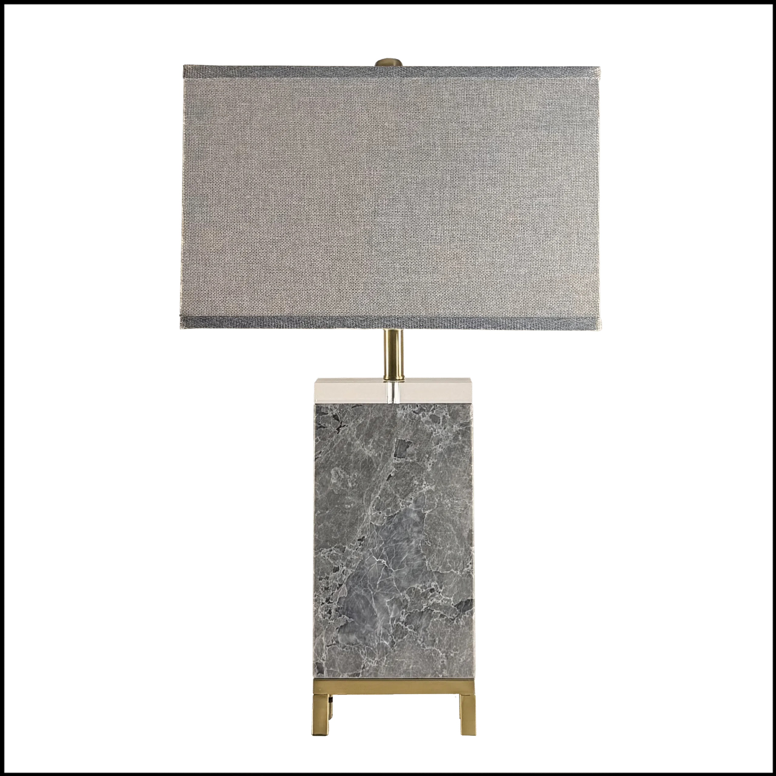 O Abajur Greymarble da Lampadaria combina design sofisticado e versatilidade para ambientes clássicos e contemporâneos. Com base retangular em mármore cinza maciço, detalhes em latão e acrílico, esta peça exala elegância e exclusividade. Sua cúpula retangular translúcida em tecido linho cinza distribui a luz de forma uniforme: direciona a iluminação para cima e para baixo, criando uma atmosfera aconchegante para leitura, enquanto difunde suavemente a luz lateral, contribuindo para a iluminação geral do ambiente.
