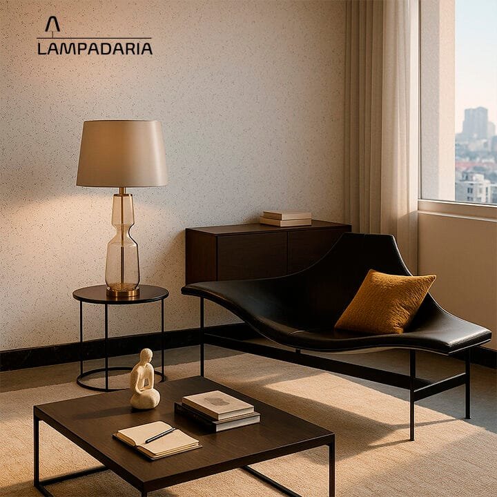 Abajur transparente com detalhes em bronze e cúpula prateada brilhante