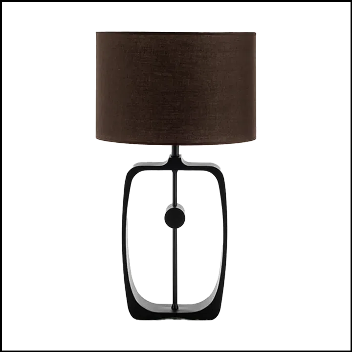 Abajur Blackeye rectangle em aço carbono na cor preta, pintura eletrostática, base com design vazado exclusivo e pantalha opaca em tecido dark brown leather, lâmpada Led E27 5w com temperatura de cor 3000K