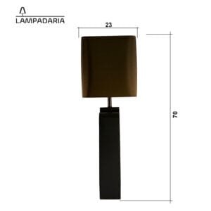 Abajur em aço carbono na cor preta, pintura eletrostática, base com design vazado exclusivo e pantalha pantalha retangular opaca em tecido dark brown leather