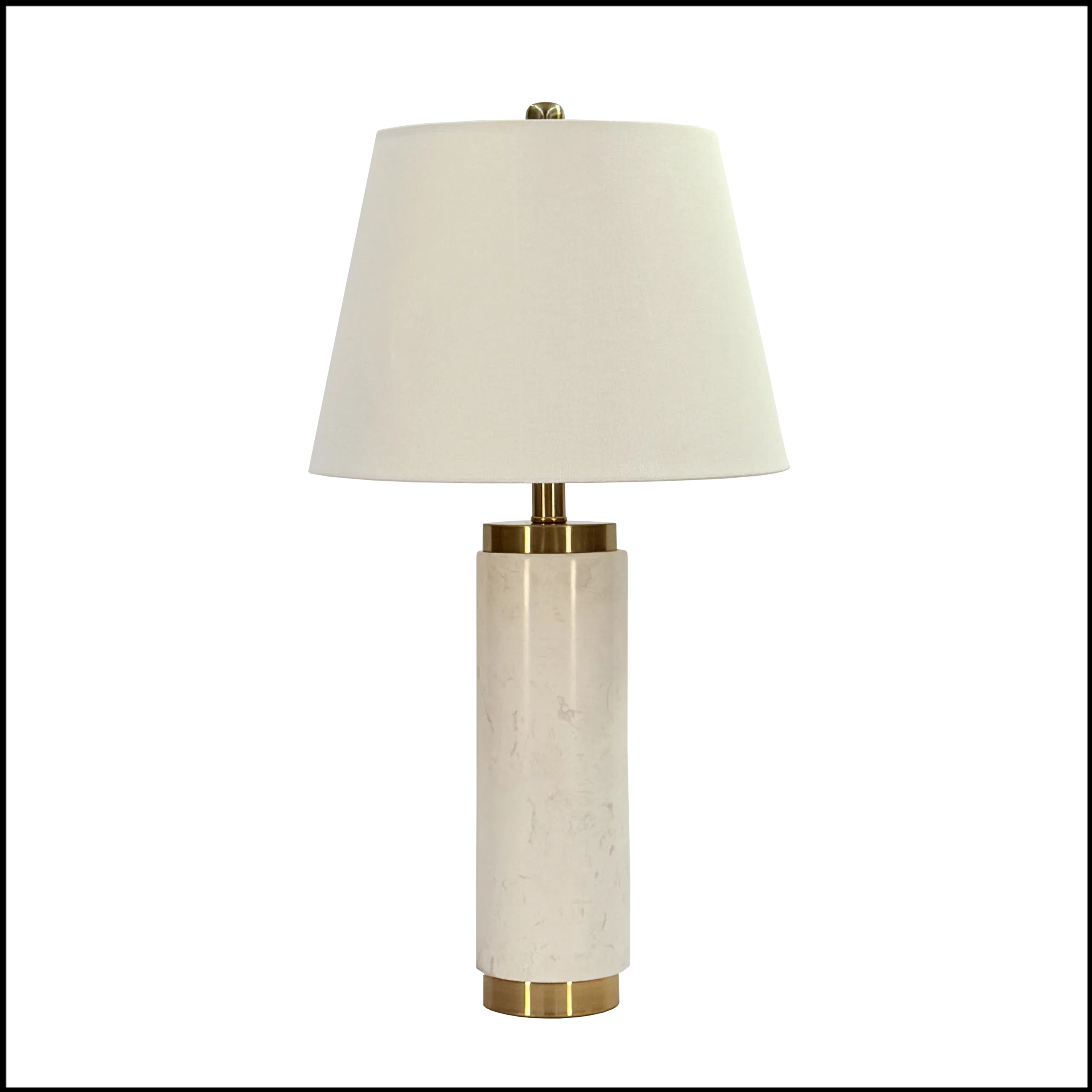 Abajur resina de mármore branco e latão dourado com pantalha de algodão texturizado na cor branca