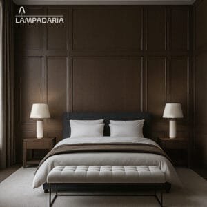 abajur em mármore branco em um quarto com painel de madeira escura