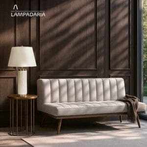 abajur em mármore branco em uma sala com painel de madeira escura