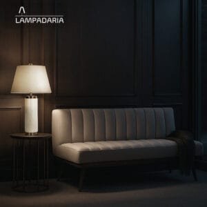 abajur em mármore branco em uma sala com painel de madeira escura