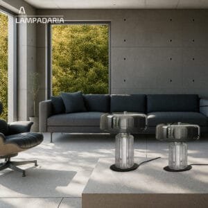Abajur moderno de vidro em um ambiente moderno com paredes de concreto em cima de uma mesa lateral de concreto