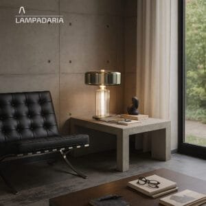Abajur moderno de vidro em um ambiente moderno com paredes de concreto em cima de uma mesa lateral de concreto