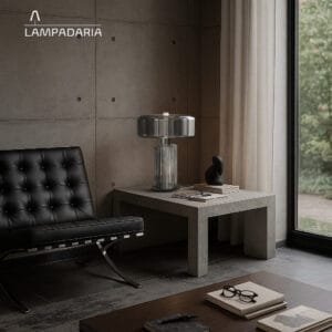 Abajur moderno de vidro em um ambiente moderno com paredes de concreto em cima de uma mesa lateral de concreto